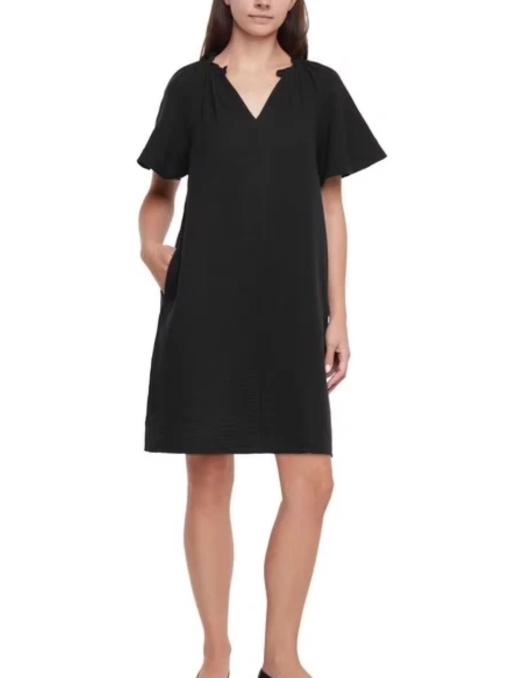 GAP Cotton Gauze Black Ruffled Popover V Neck Mini Dress With Pockets